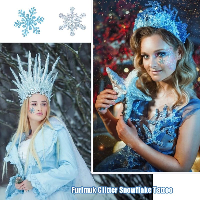 Snowflake Temporary Tattoo Stickers - Winter Glitter Tattoos for Kids & Adults | 5 Sheets in Blue & Silver