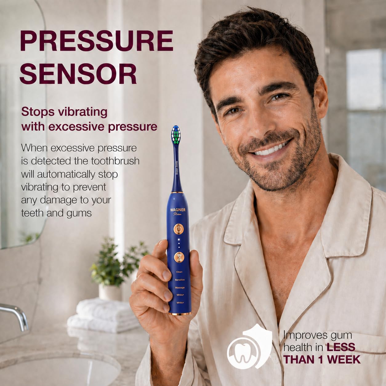 Wagner Stern WHITEN+ Electric Toothbrush, 48,000 VPM, Pressure Sensor, 5 Modes, 8 Brush Heads, Travel Case