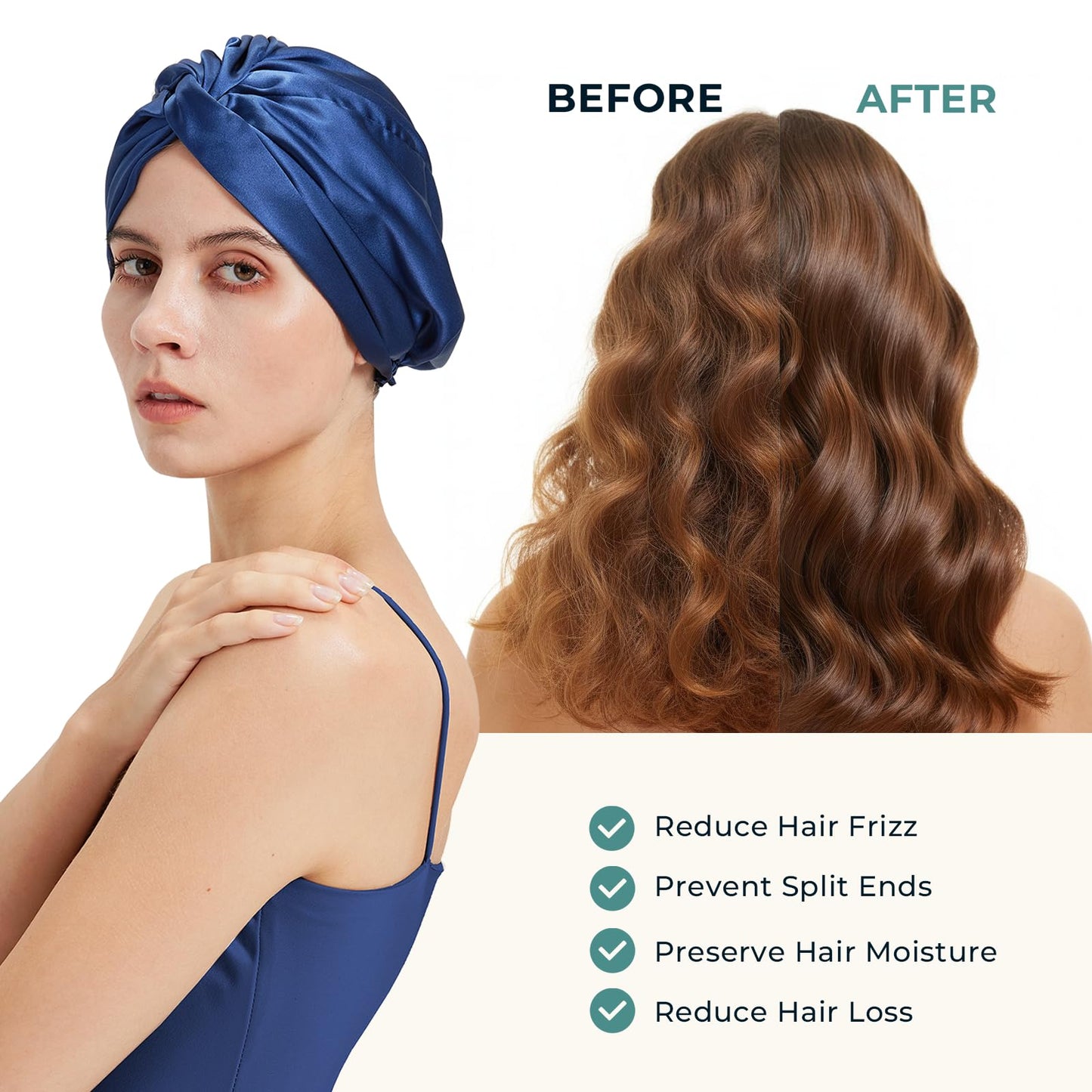 LumeSilk Mulberry Silk Bonnet, Double-Layered Hair Bonnet for Sleeping Women, Pure Silk Turban, Night Sleep Hair Wrap, Navy Blue