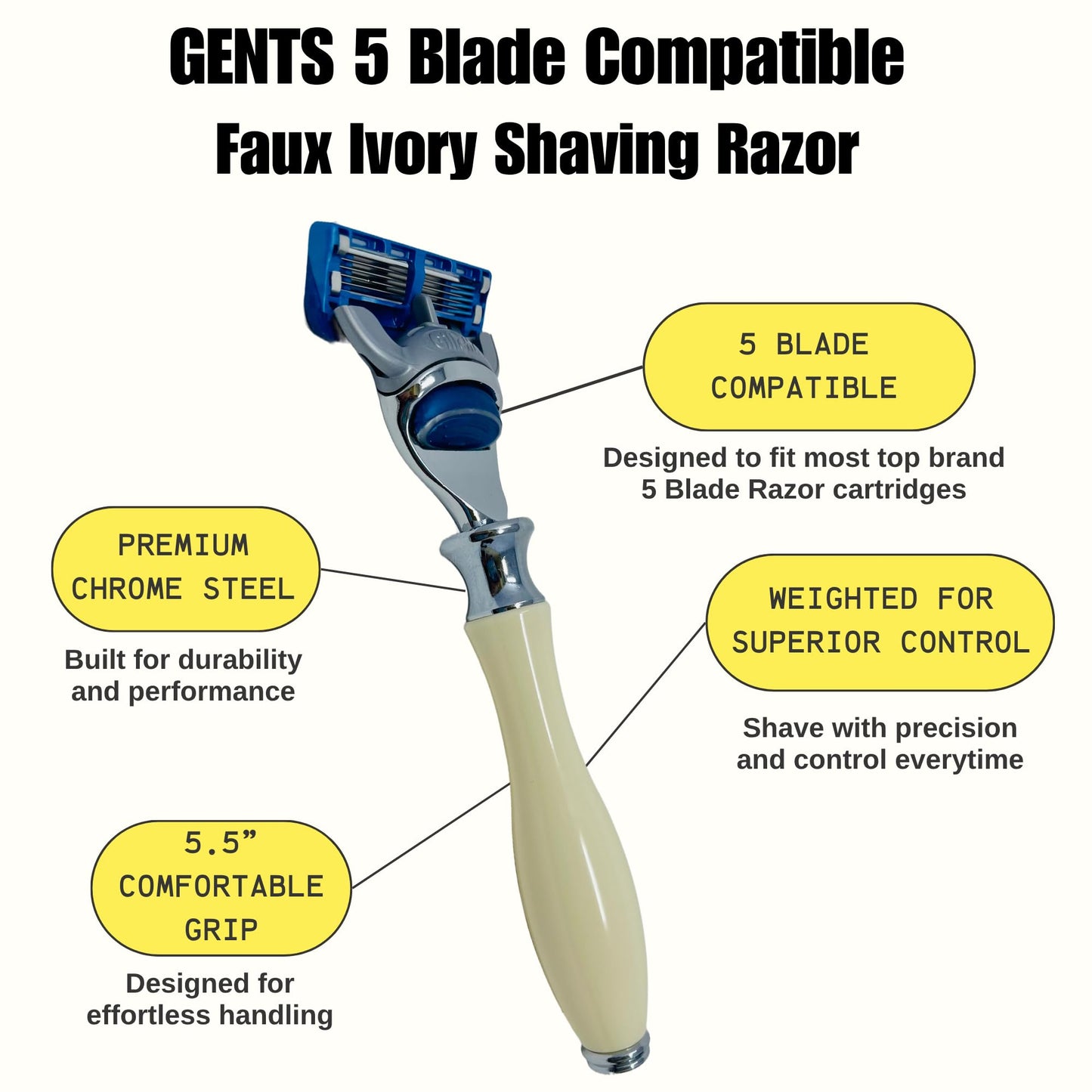GENTS Men's Shaving Kit - 5 Blade Fusion Compatible Razor with Faux Ivory Handle, Sandalwood Shave Cream, Leather Case & Refill Cartridge - Premium Gift Set