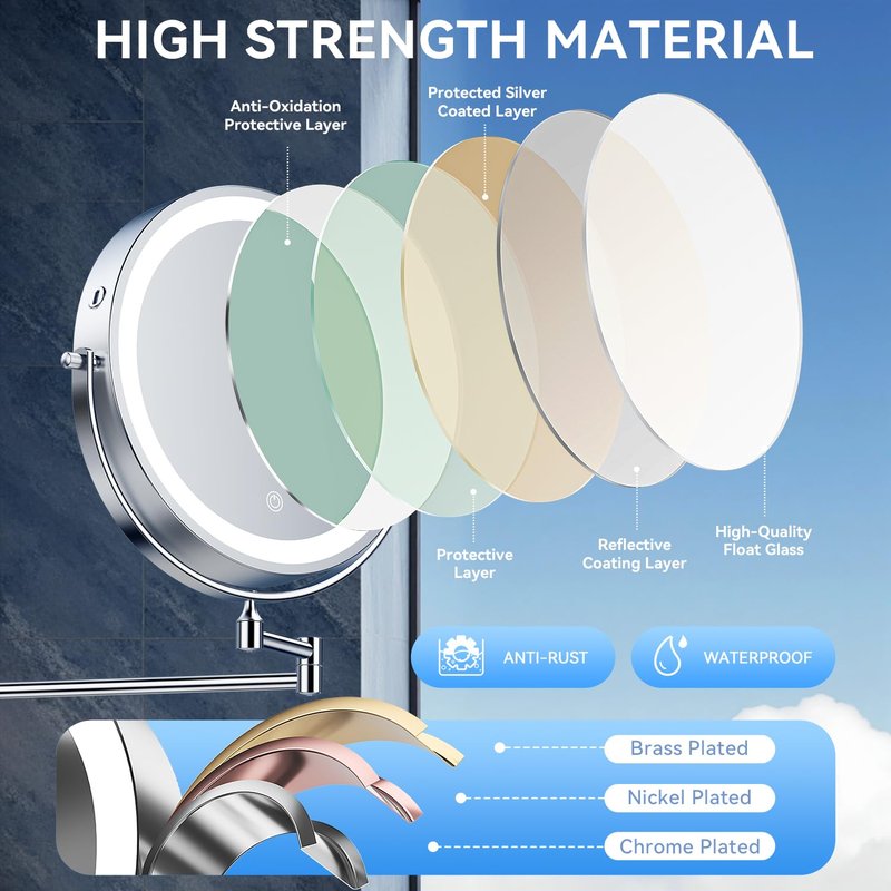 5000mAh Rechargeable Wall Mounted Lighted Makeup Mirror, 9'' 30X/1X Double-Sided Magnifying Mirror with Light, Bathroom Mirror Touch Dimmable 3 Colors 360° Rotation Extended Arm, Power Adapter
