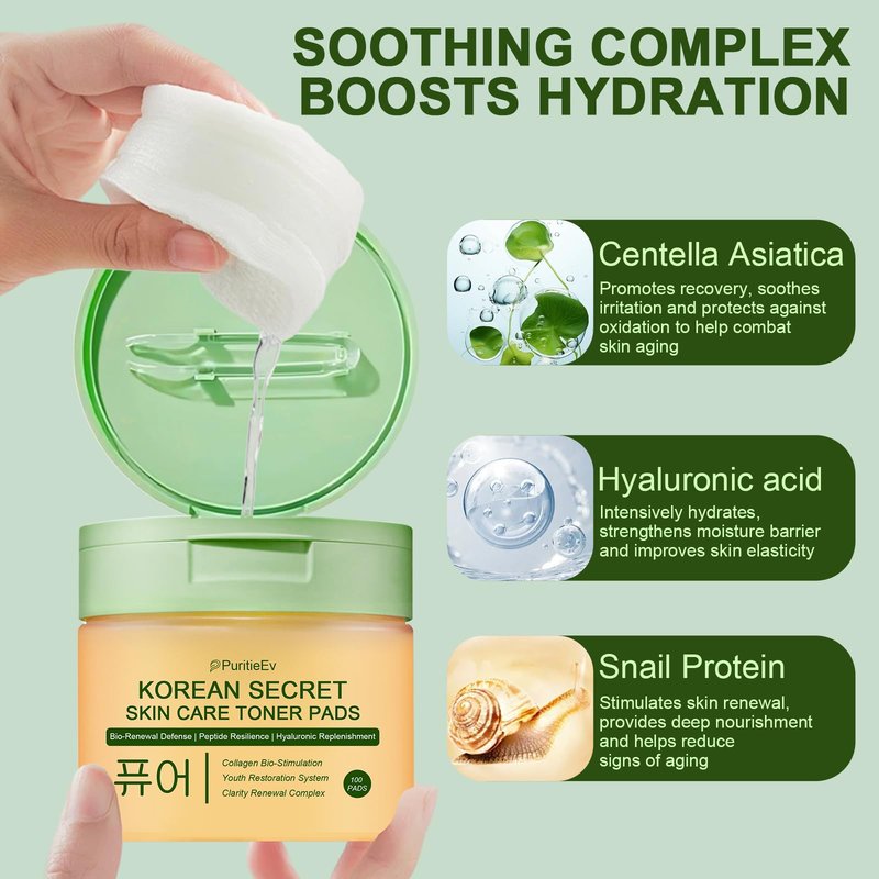 Korean Skin Care Toner Pads Snail Mucin Toning Polish Pads - Facial Skincare for Dark Spots, Wrinkles & Dull Skin - Hydrating Facial Treatment - 100 Count
