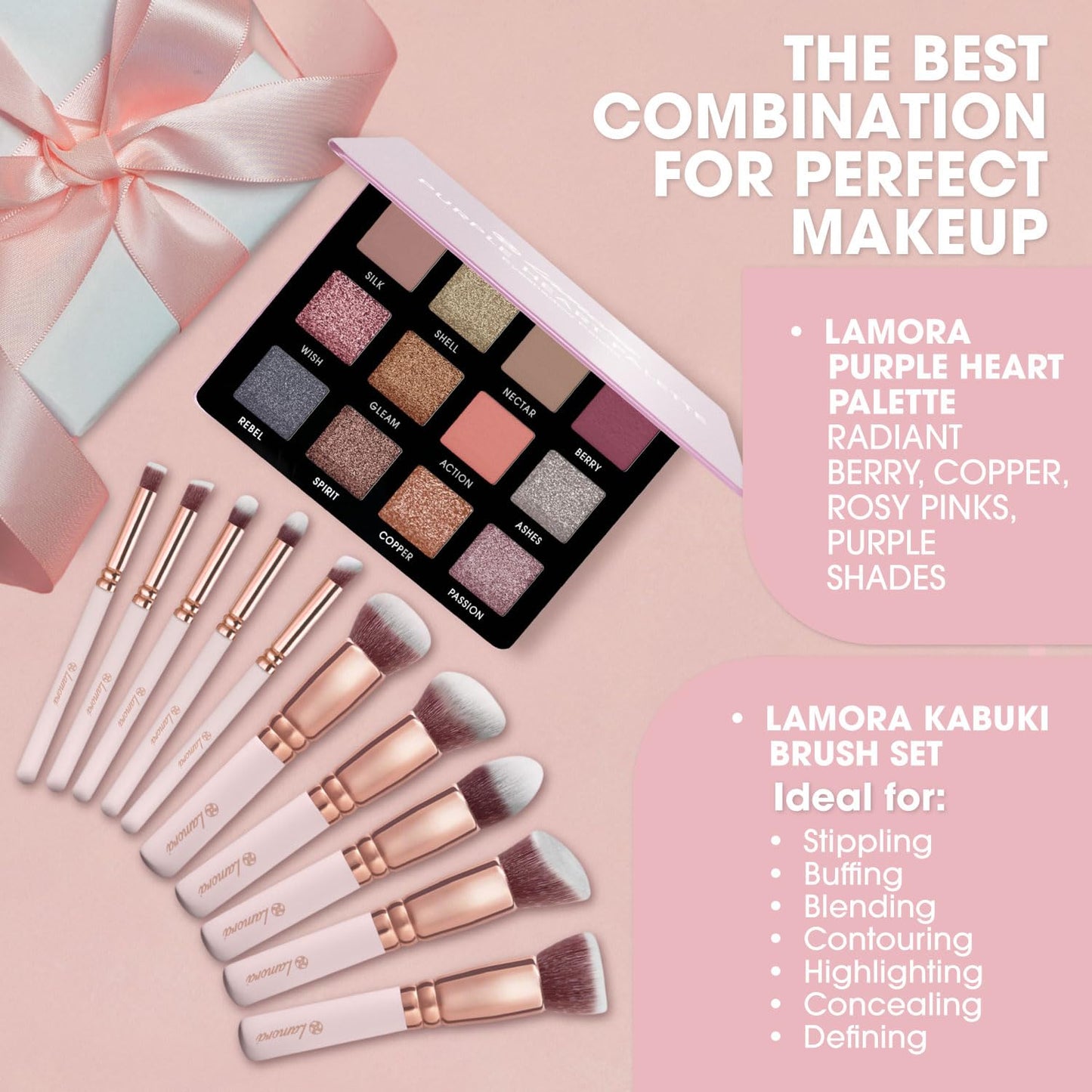 Lamora Eyeshadow Palette (Rose) with Kabuki Makeup Brush Set