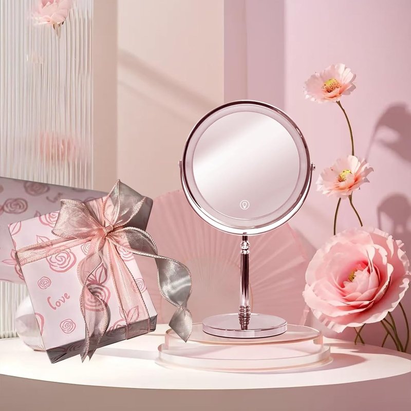 Makeup Mirror with Lights - 8 Inch 1X/10X Double-Sided Magnifying | 360° Rotation, Adjustable Brightness, 3 Colors