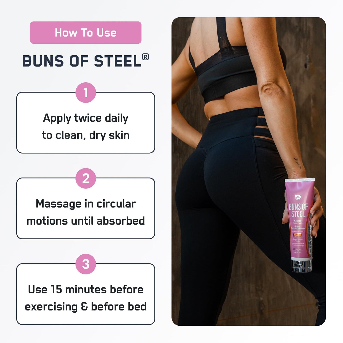 SteelFit Maximum Toning Cellulite Cream, Buns of Steel - Skin Firming & Tightening Body Lotion with Caffeine for Stretch Marks - Anti-Cellulite Remover Treatment for Booty, Thighs, Legs & Glutes