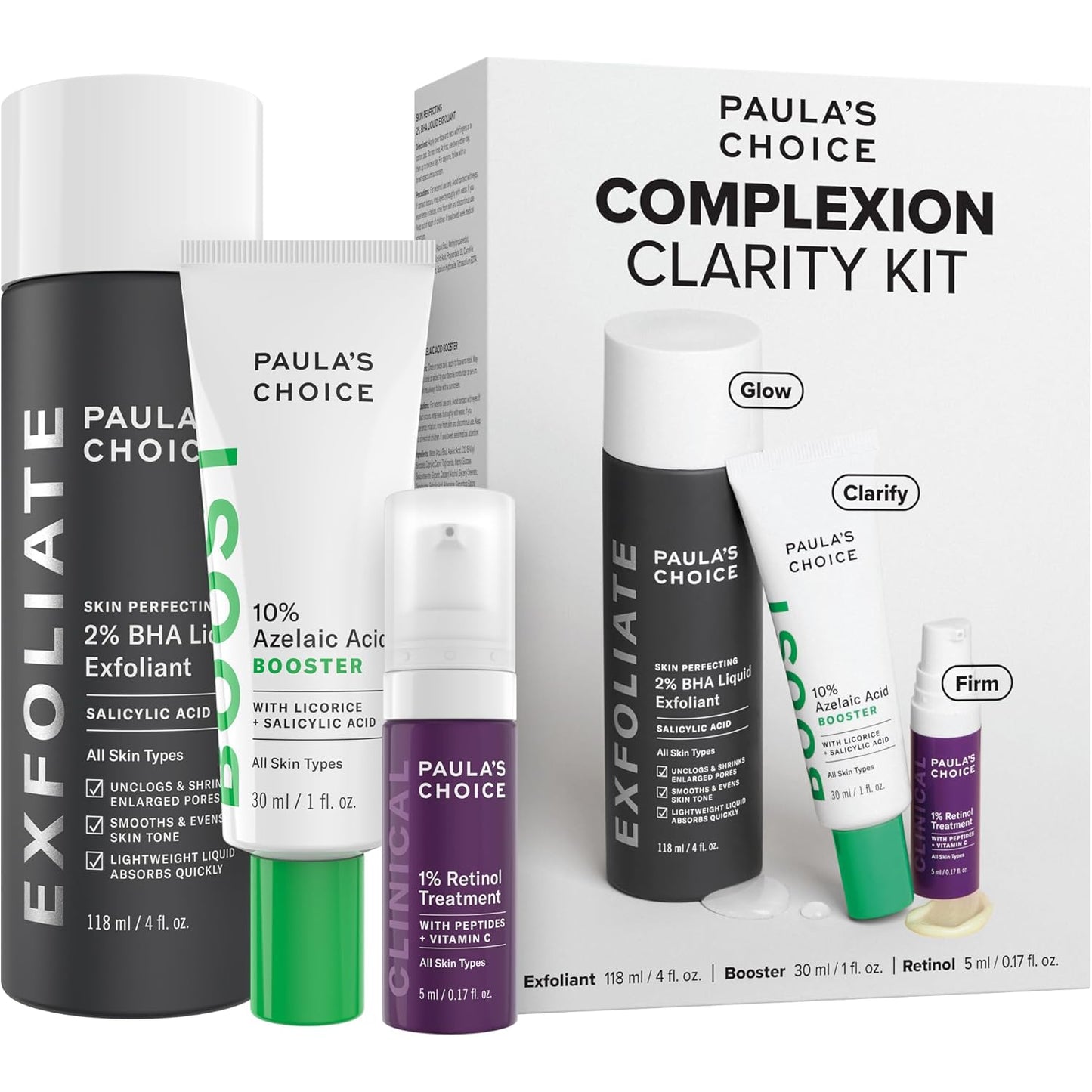 Paula's Choice Complexion Clarity Kit - 2% BHA Exfoliant & 1% Retinol Treatment | 3-Piece Skin Care Set for Clear, Glowing Skin