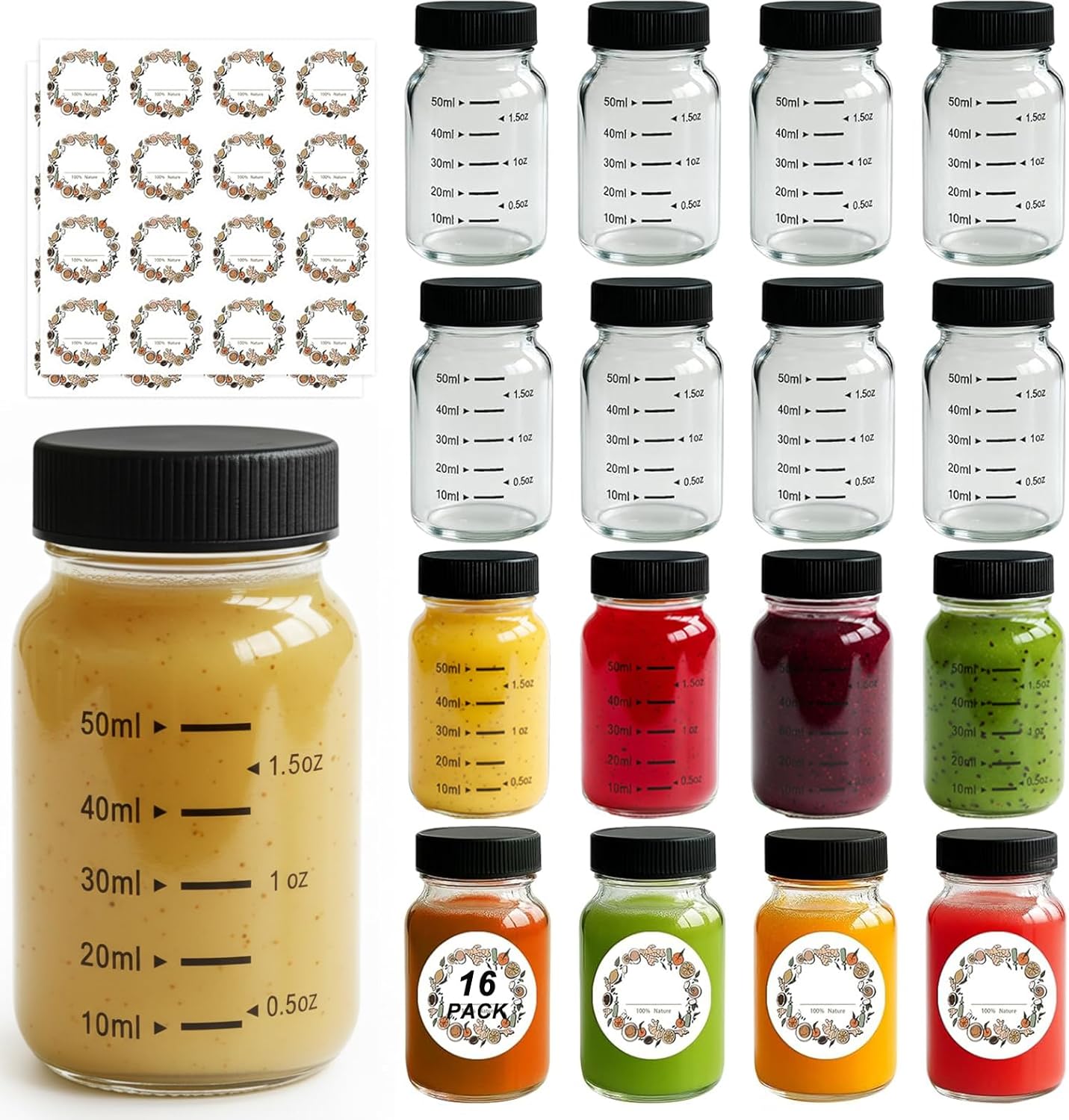 **16 Pack 2oz Glass Shot Bottles - Leakproof Mini Jars with Black Caps for Juicing & Party Favors | ml & oz Scale**