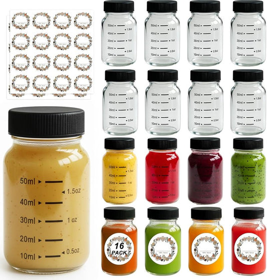 **16 Pack 2oz Glass Shot Bottles - Leakproof Mini Jars with Black Caps for Juicing & Party Favors | ml & oz Scale**
