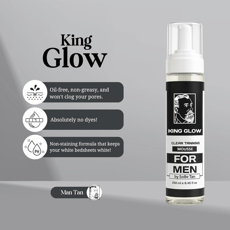 Self-Tanner for Men - King Glow Water-Based Fast-Drying Tanning Foam | Natural Sunless Tan for Body & Face (Mitt Included)