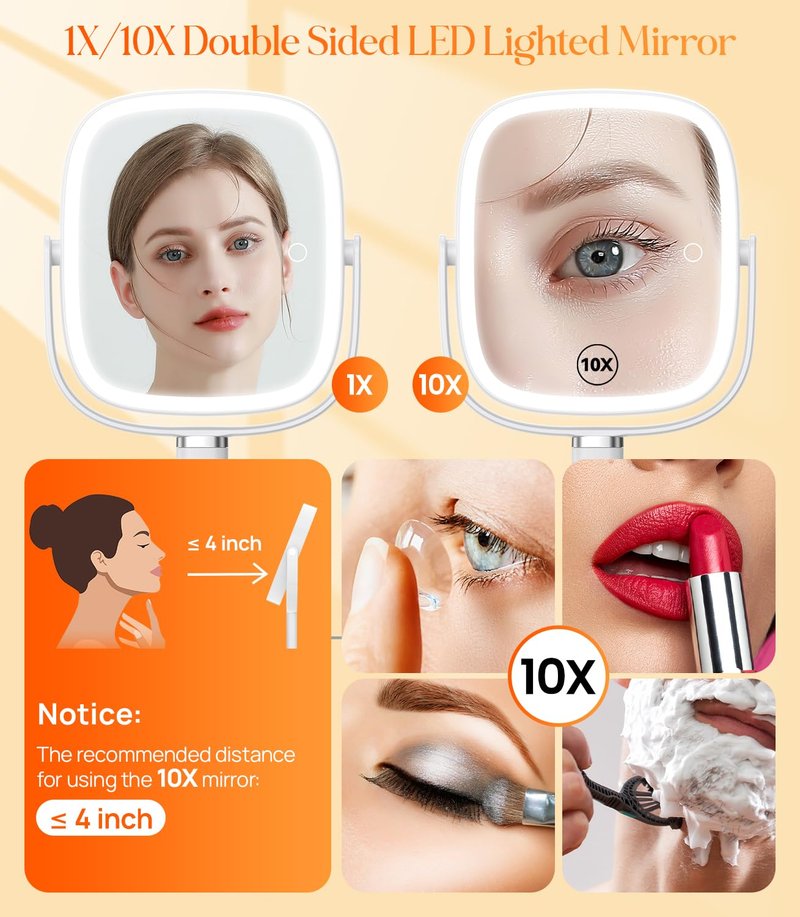Lighted Makeup Mirror with 1X/10X Magnification - Adjustable Height, 4000mAh Battery, 3 Color Lights | White