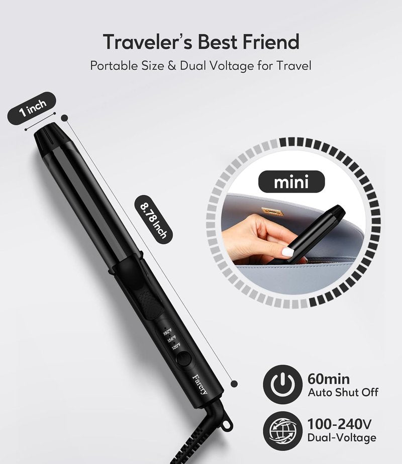 Travel Curling Iron - 1 Inch Mini Ceramic Curler with 3 Temp Settings | Dual Voltage, Auto-Off, Includes Storage Bag