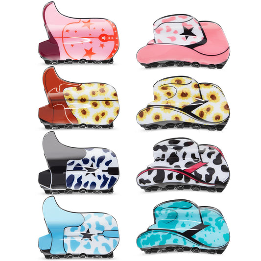 Tigeen 8 Pcs Western Cowgirl Hair Claw Clips Cow Print Sunflower Leopard Star Shark Boot Hat Nonslip Hair Clip Large Fun Cowgirl Acrylic Western Accessories Barrette Styling Clamps Gifts for Women