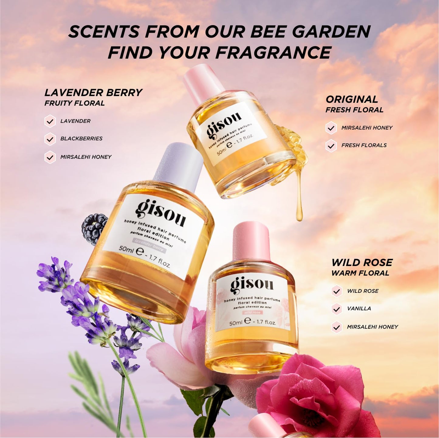 Gisou Honey Infused Hair Perfume Mini – Long-Lasting Hair Fragrance with Mirsalehi Honey & Argan Oil, Lavender Berry, 15ml