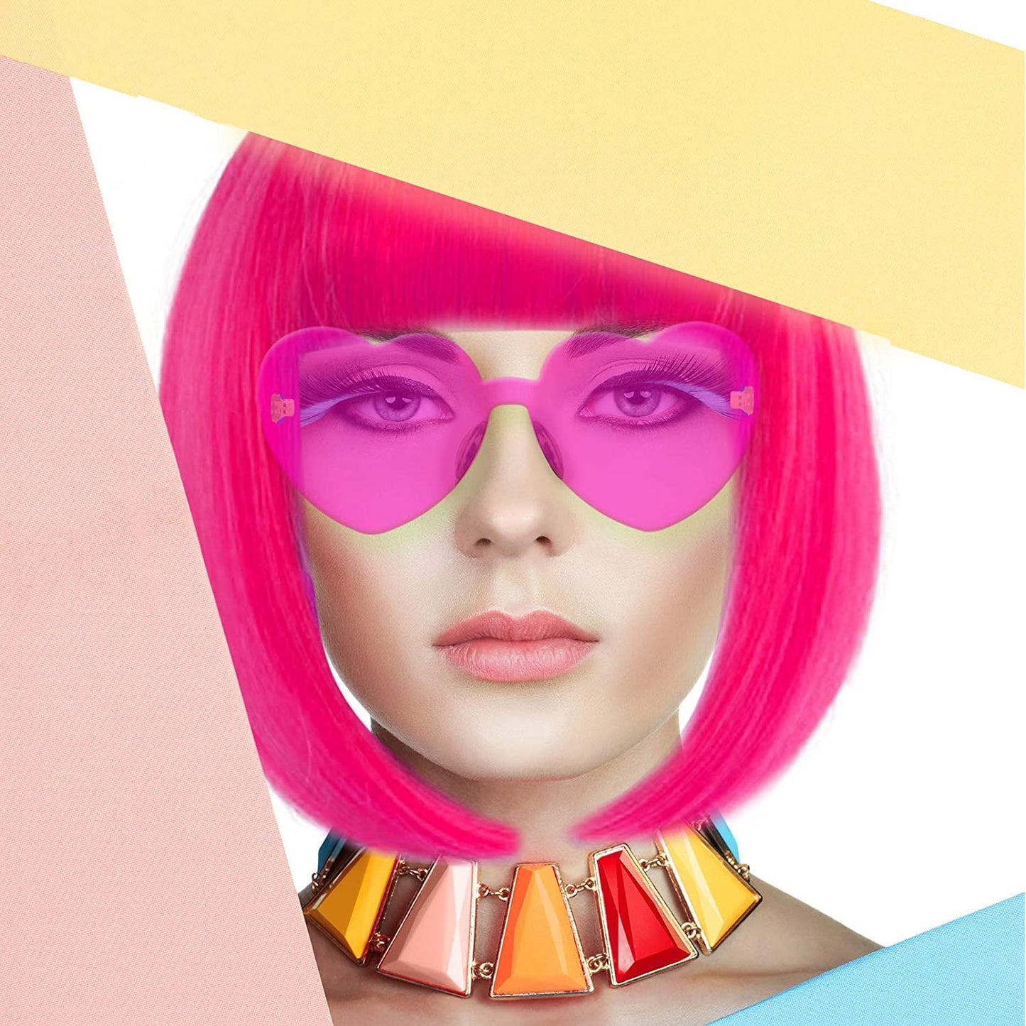Short Bob Wigs with Bangs, 6 Pack Bob Wigs - Fruit Beach Series Set with Heart Shape Sunglasses, Hairpieces for Neon Halloween Costume, Bachelorette Party Decorations (Hot Pink)