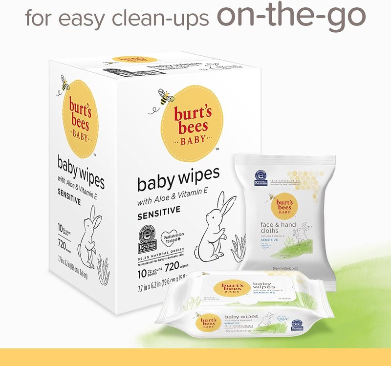 Burt's Bees Baby Wipes - Unscented Natural Aloe & Vitamin E for Sensitive Skin | 72 Wipes Per Pack