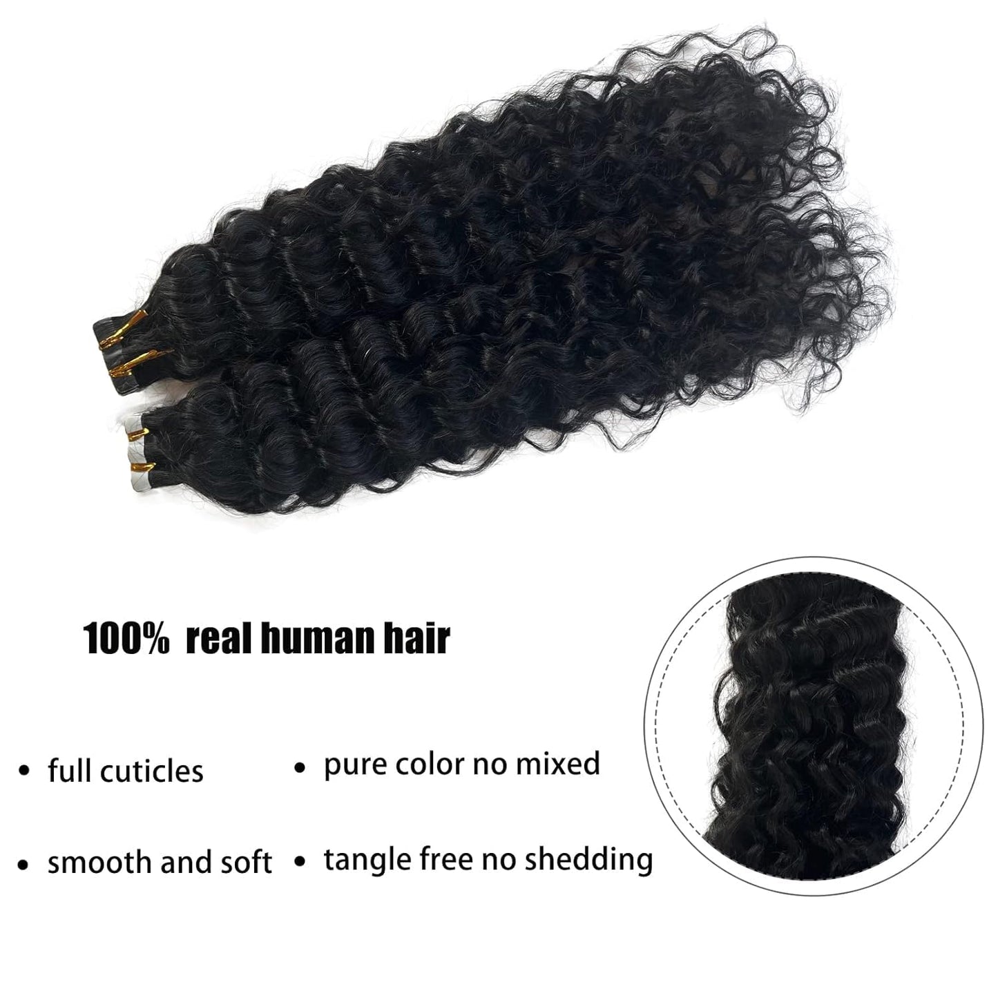 Curly Tape in Hair Extensions,14inch Natural Black Water Wave Real Human Hair Tape in Extensions 20pcs 50g Black Wavy Tape on Hair Extensions for Black Women