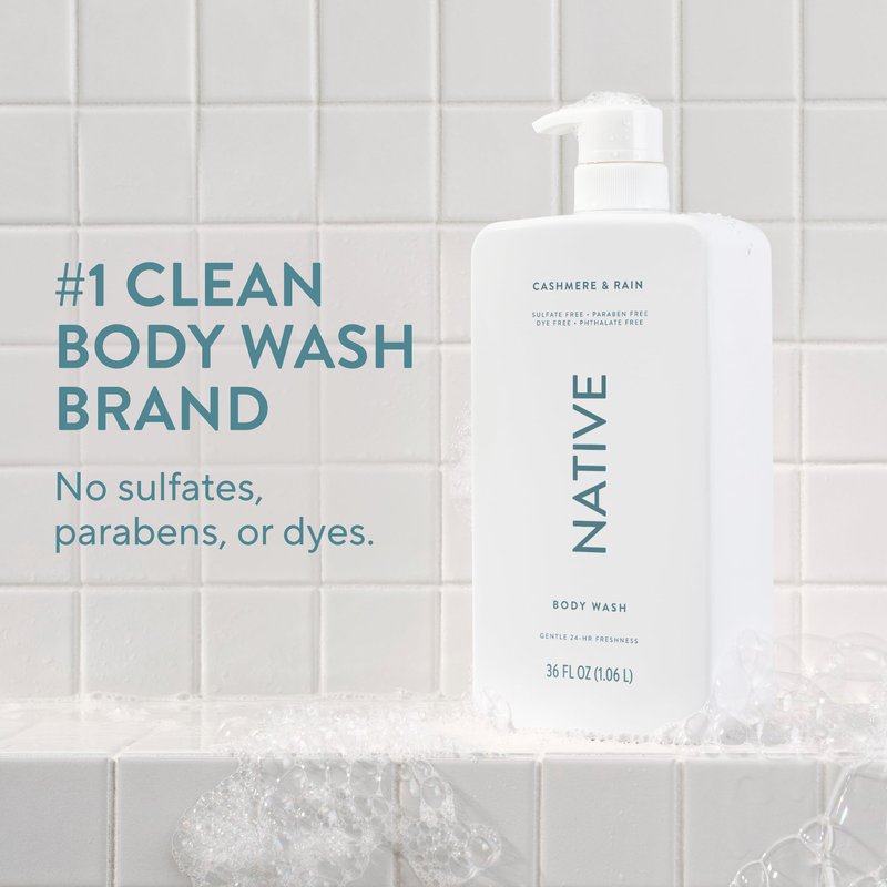 Native Body Wash for Women & Men, Cashmere & Rain, 36 oz Pump Bottle, Sulfate-Free & Gentle