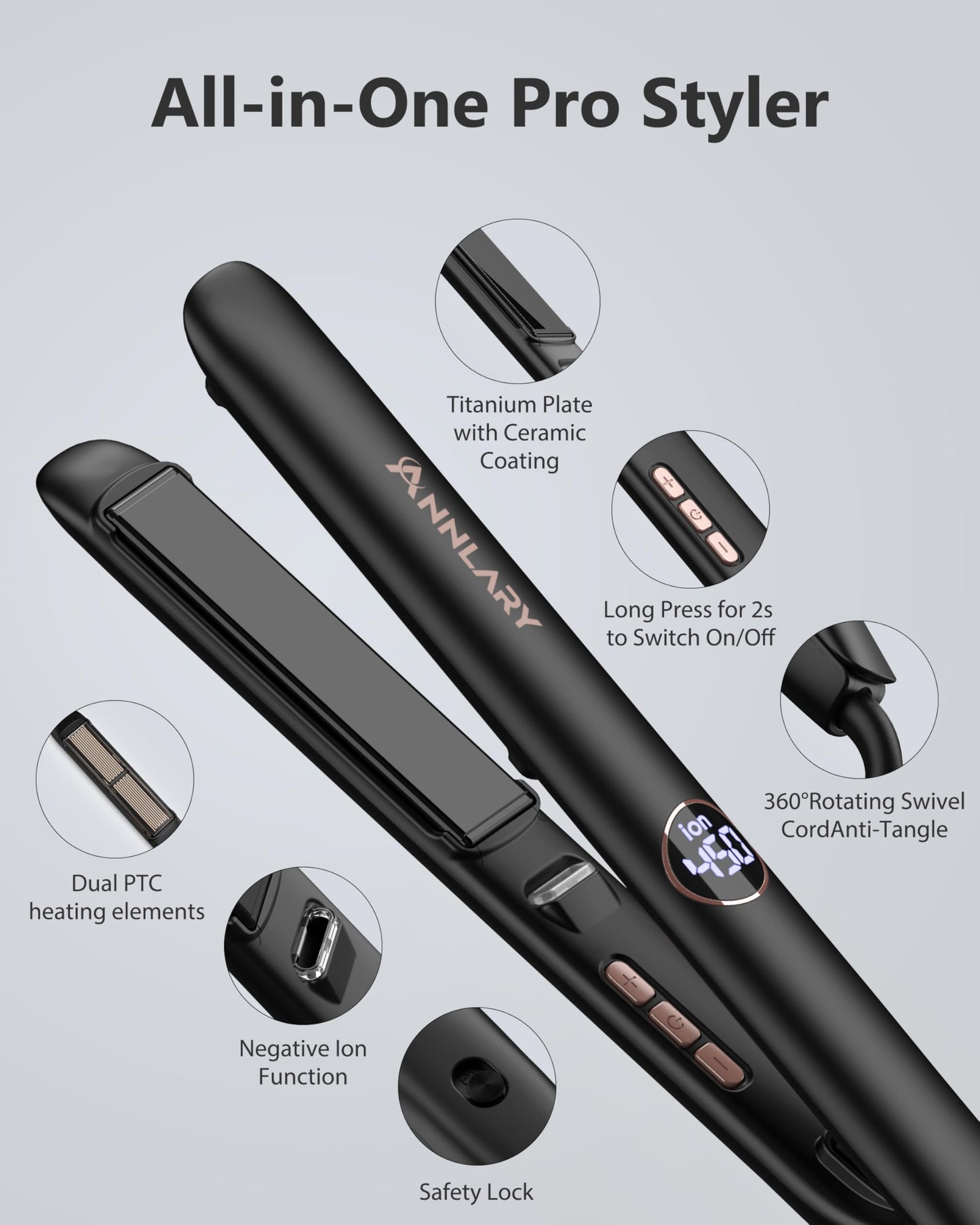 Annlary 1.75 Inches Flat Iron Hair Straightener with Heat Resistant Silicone Mat Pouch, Professional Ceramic Ionic Dual Voltage Straightener for Less Frizz, Shinier & Smoother Hair