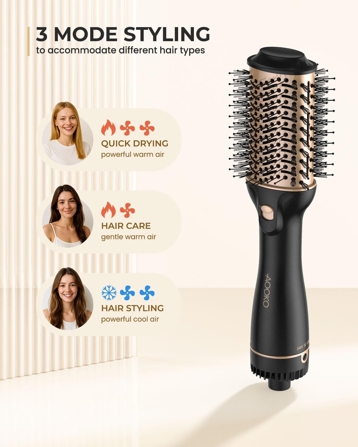 Dual Voltage Hair Dryer Brush - Fast Drying Hot Air Brush for Travel | 120-240V European Plug