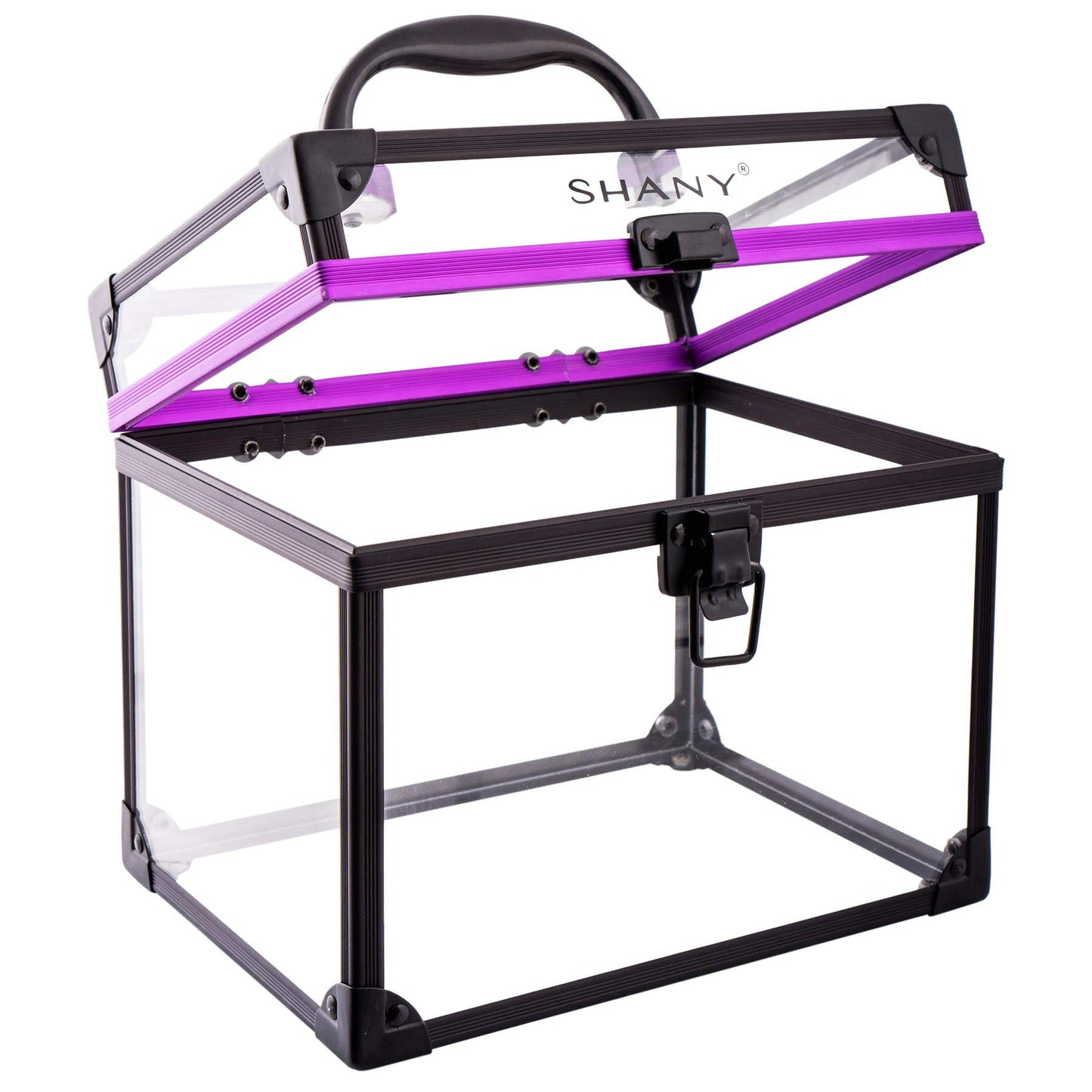 SHANY Clear Cosmetics and Toiletry Train Case - Clear Travel Makeup Bag Case Organizer with Secure Closure and Black/Purple Accents - 3PC Set