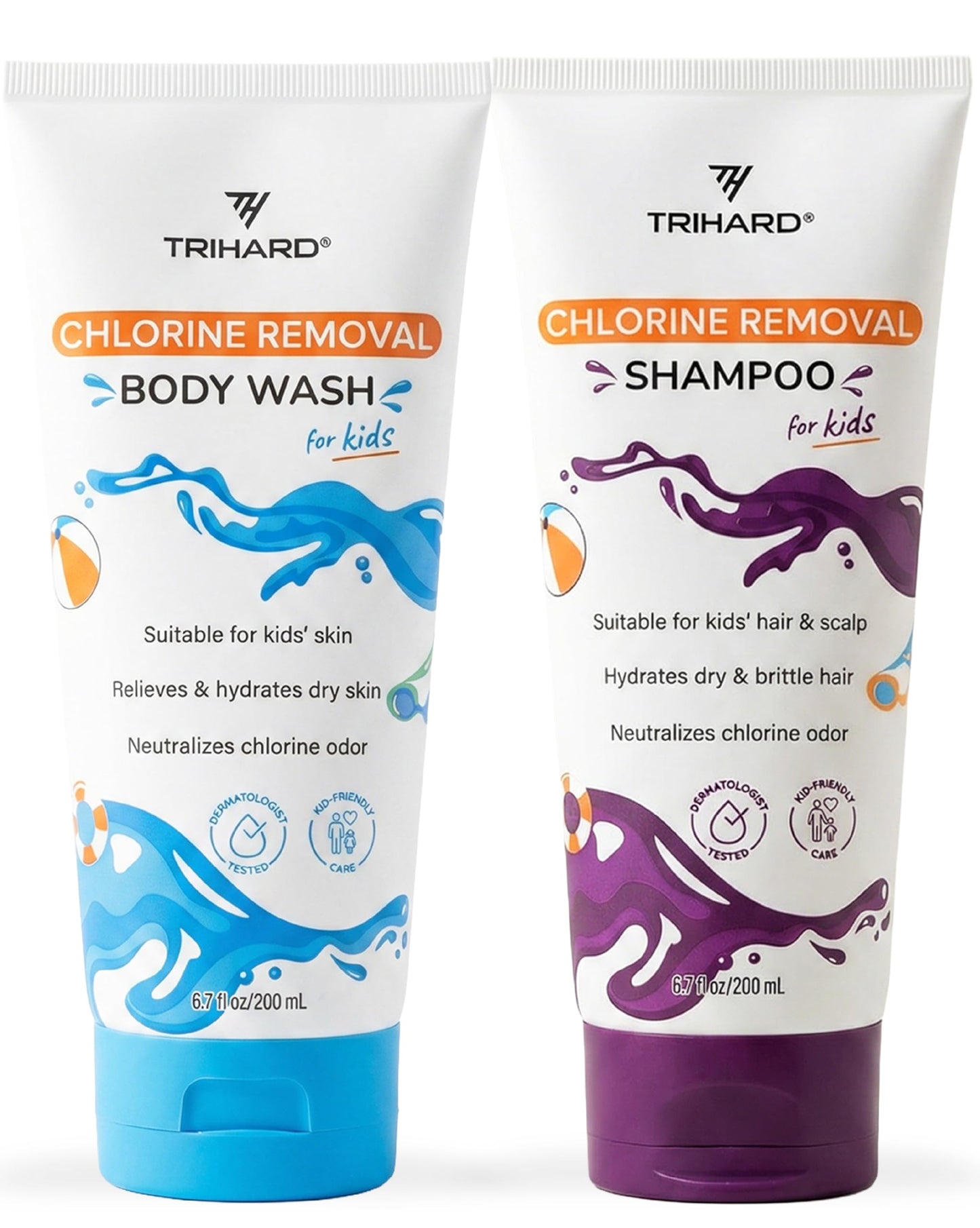 TRIHARD Kids Chlorine Removal Kit, Shampoo, Face and Body Wash Set for Children’s Hair and Skin, Gentle Post-Swim Cleanser for Pool & Ocean