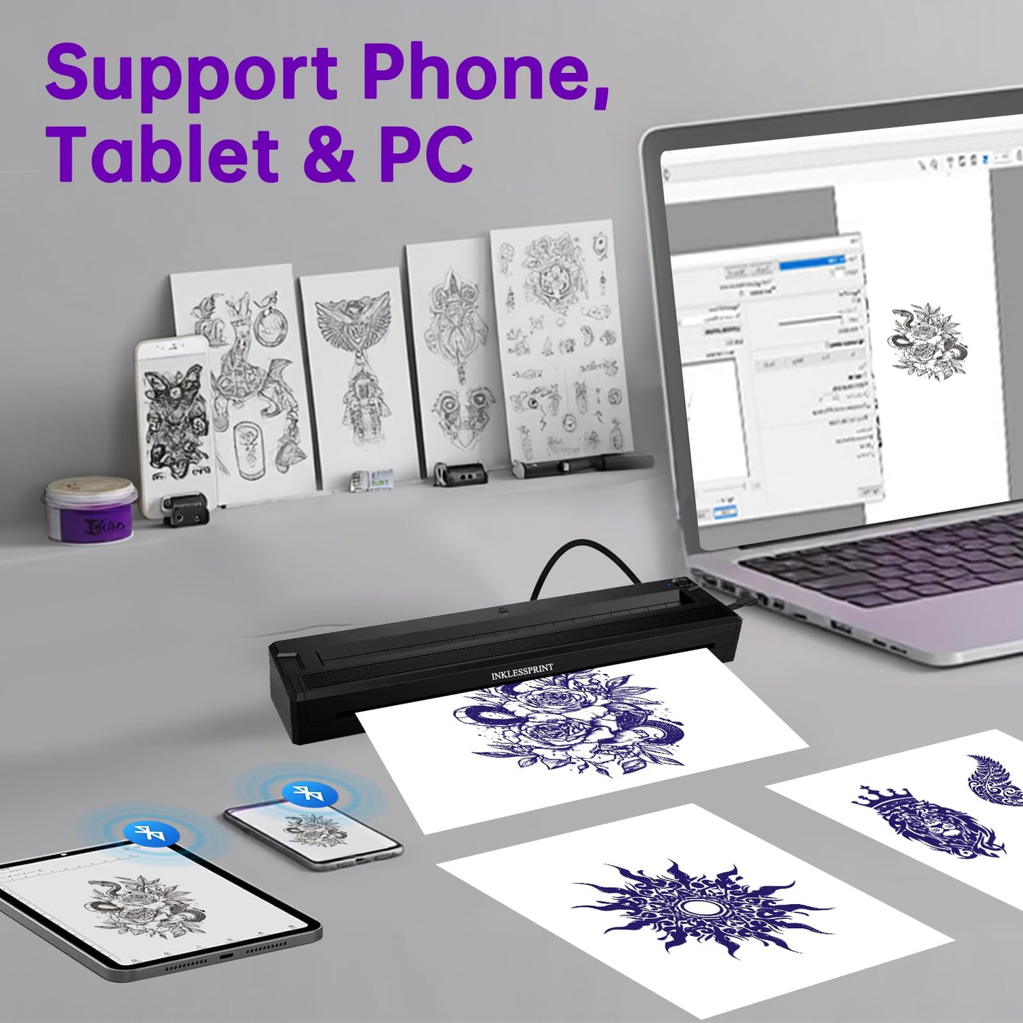 INKLESSPRINT Tattoo Stencil Printer Machine, Portable Tattoo Transfer Printer for Tattoo Artists & Enthusiasts, Support Smartphone,PC, Android, iOS, Windows,Mac.Grey