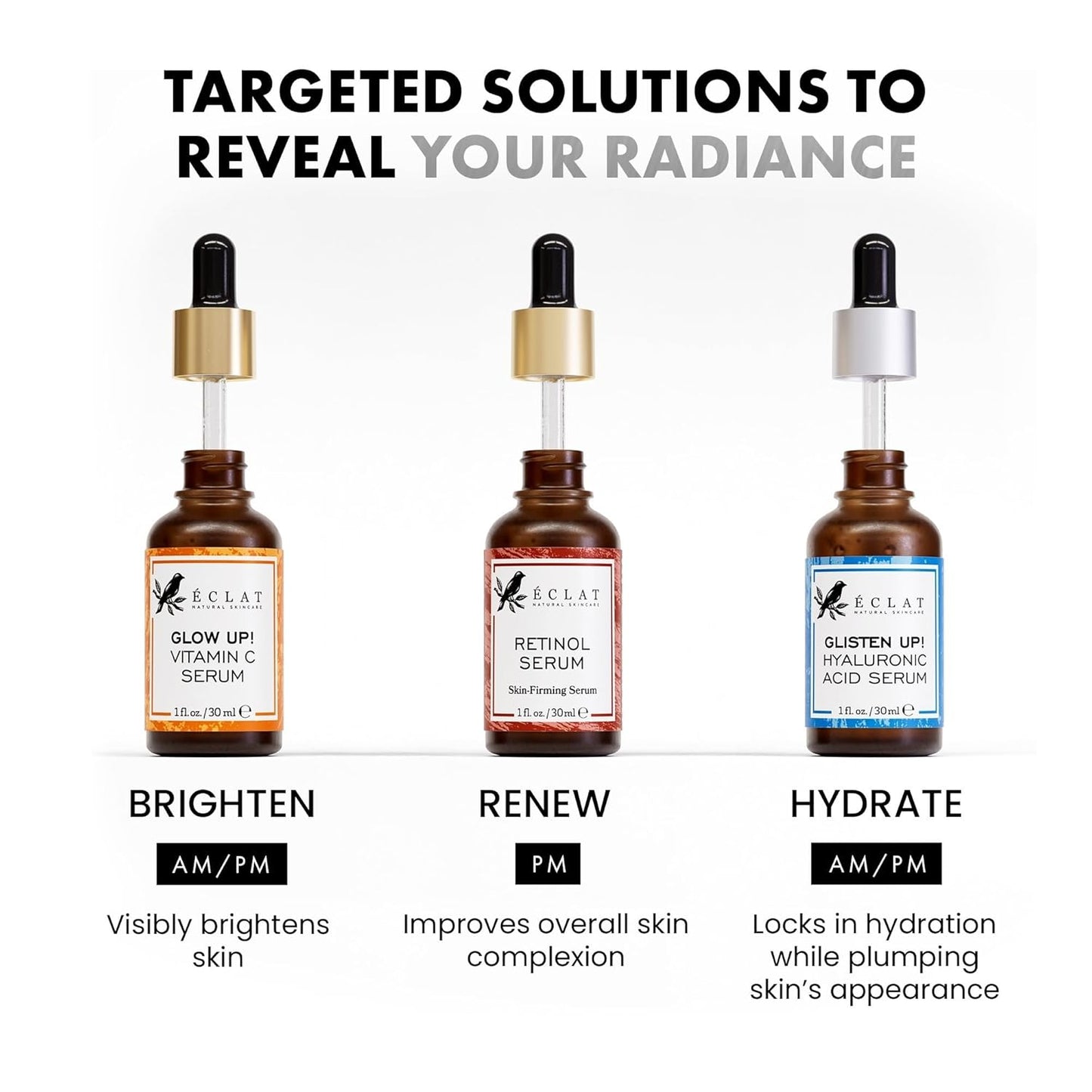 Eclat Skincare Face Serum Set | Vitamin C, Retinol & Hyaluronic Acid for Hydration & Anti-Aging | 3 Pack Brightening Facial Serums