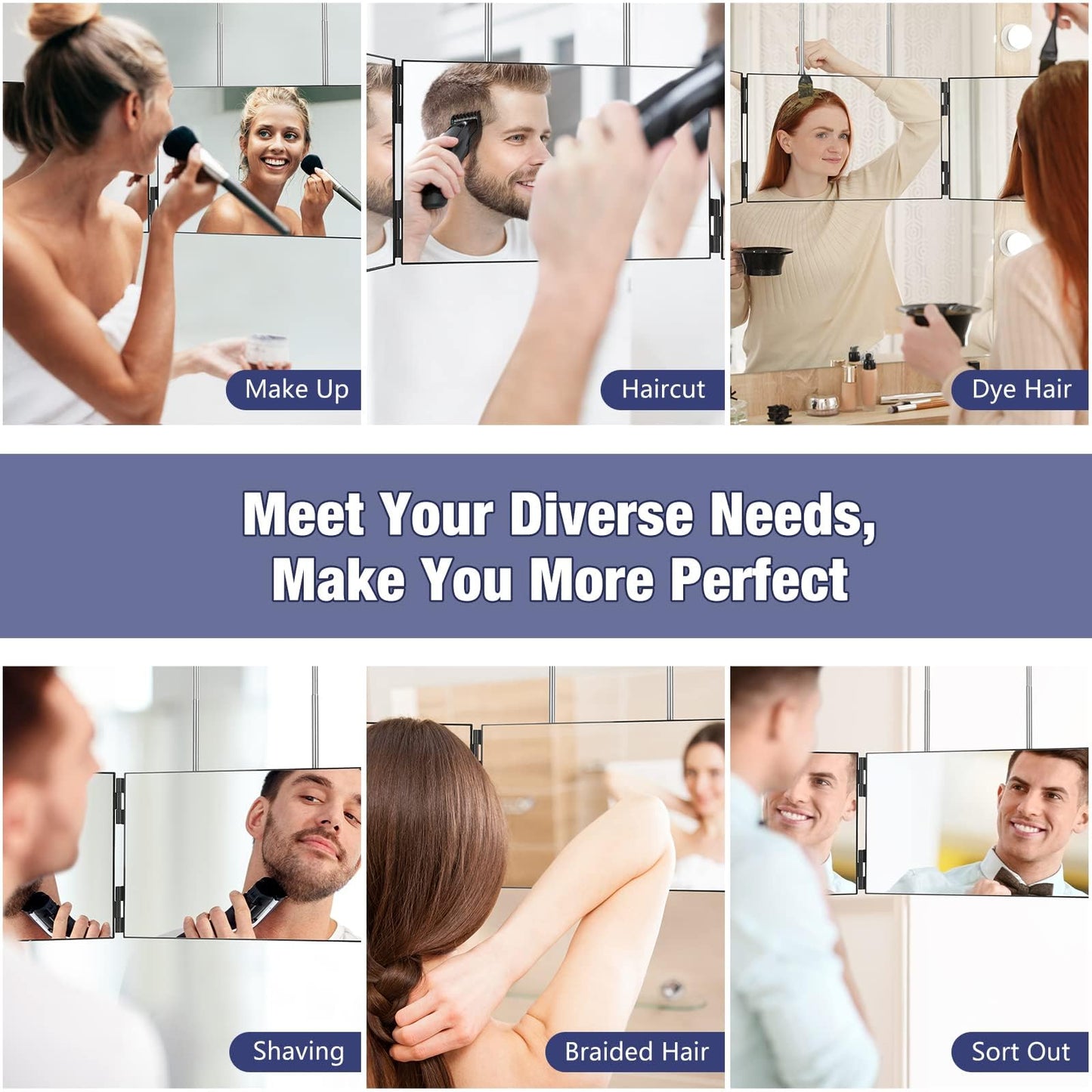 Dripex 3 Way Mirror for Men or Women, 360° Trifold Self Haircut Mirror with Height Adjustable Hooks, for Makeup, Styling, Shaving, Braiding, Dye Hair (Black Without Led)