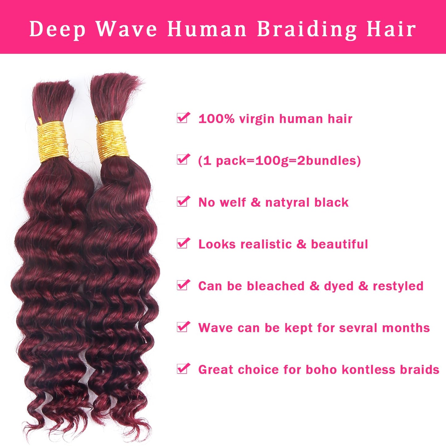 Human Braiding Hair for Boho Braids Burgundy Deep Wave Bulk Human Hair for Braiding 14 Inch 2 Bundles 100G #99J Wet and Wavy Curly Human Hair Red Braiding Hair Extensions No Weft Bundles for Braiding