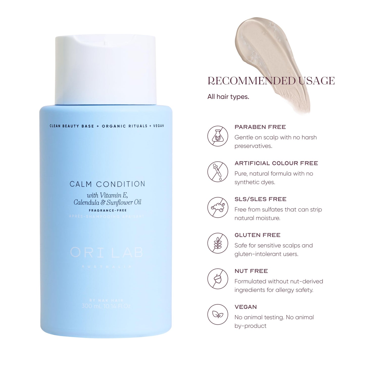 ORI LAB Calm Condition 300ml - Fragrance-Free, Soothing Detangling Formula for Sensitive Scalp & Fragile Hair with Calendula & Aloe