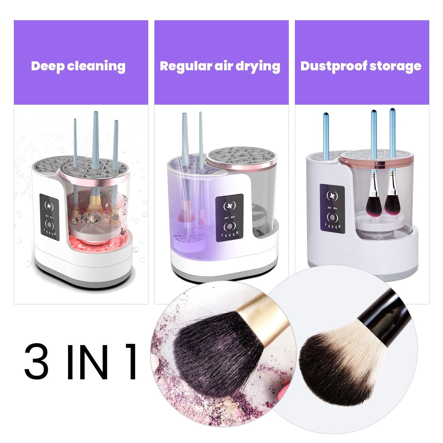 DXGSHSA 3 IN 1 Electric Makeup Brush Cleaner Dryer and Holder Combined with Timers, Automatic USB Cosmetic Brushes Cleaning Tool for Beauty Makeup Brush, Sponges, Eyeshadow, Contour
