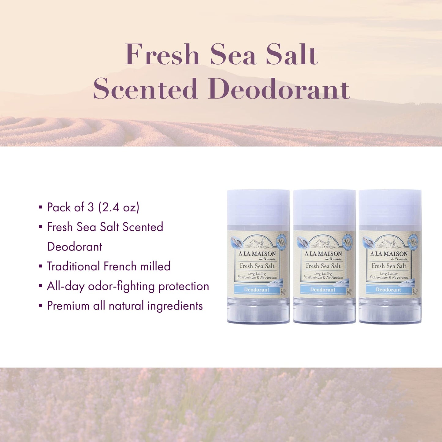 A La Maison Natural Deodorant, Traditional French Formula with Shea Butter, Coconut & Essential Oils, Aluminum-Free, Vegan, Long-Lasting Odor Protection (2.4 Oz, 2Pack, Fresh Sea Salt)