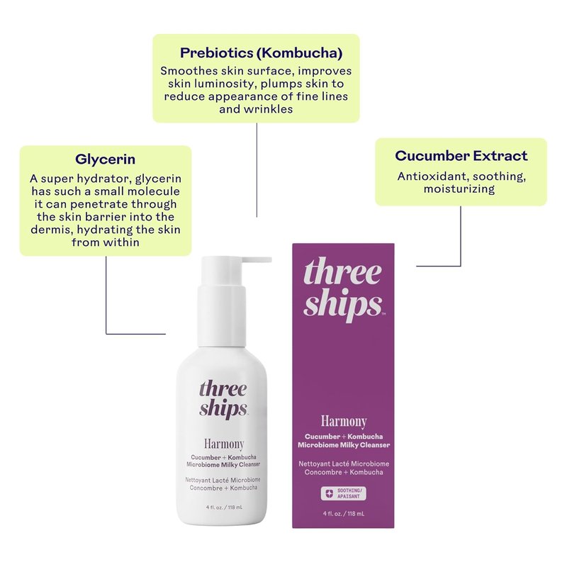 Three Ships Harmony Cucumber Kombucha Cleanser - Balance & Soothe Skin | Vegan, Cruelty-Free, 4 fl oz