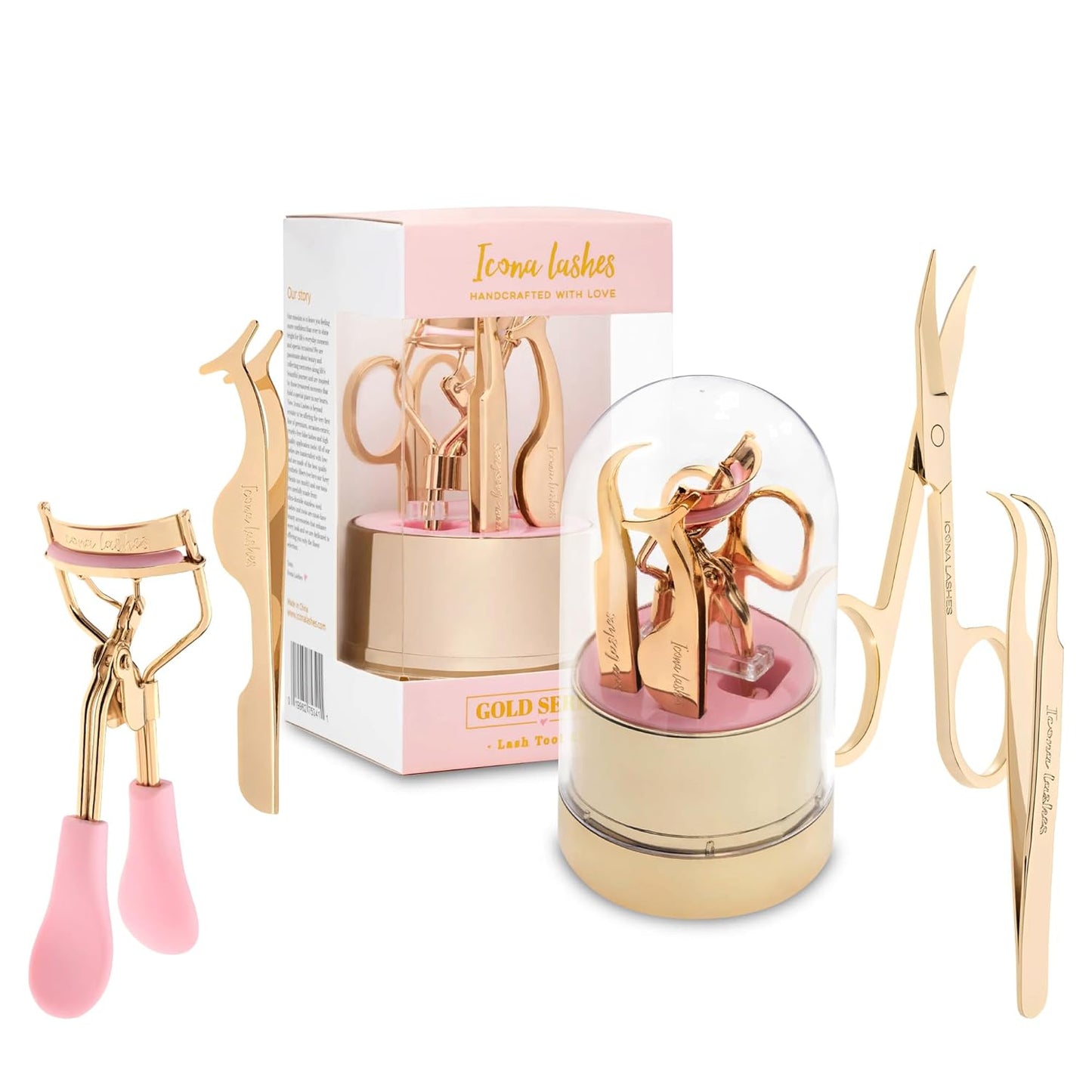 Icona Lashes 4-in-1 False Eyelash Tool Kit - DIY Lash Extensions with Gold Plated Stainless Steel Accessories | Includes Tweezer, Curler, Scissors