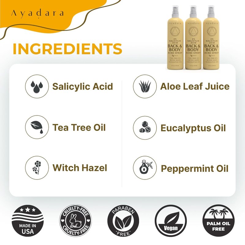 Acne Body Spray - 2% Salicylic Acid Treatment for Back & Body Acne | 3-Pack for Teens & Adults