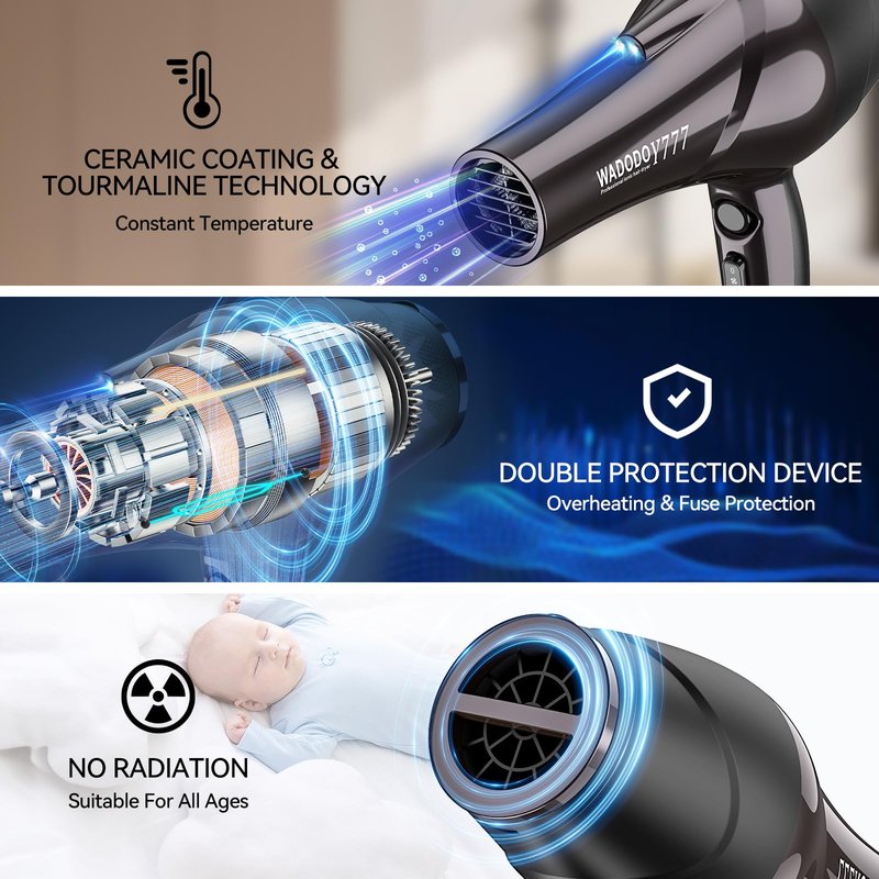 WADODO Ionic Hair Dryer, 2200W Professional Blow Dryer Fast Drying Travel AC Motor Constant Temperature Low Noise Ion Dryers Curly Care Hairdryer Blowdryer for Women Men