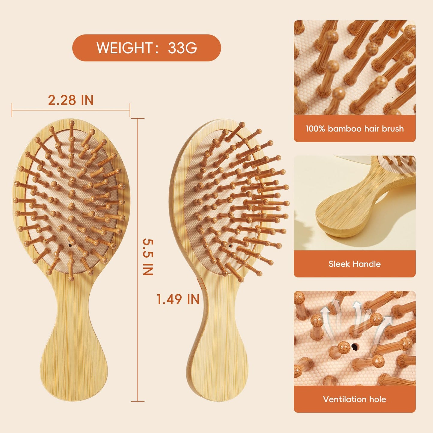 MRD 12 Pcs Mini Bamboo Hair Brush Set, Bulk Natural Paddle Brushes with Ball-Tipped Bristles Detangling Hairbrush, Massage Scalp Thick/Thin/Curly/Dry Hair For Women & Men DIY at Home Round