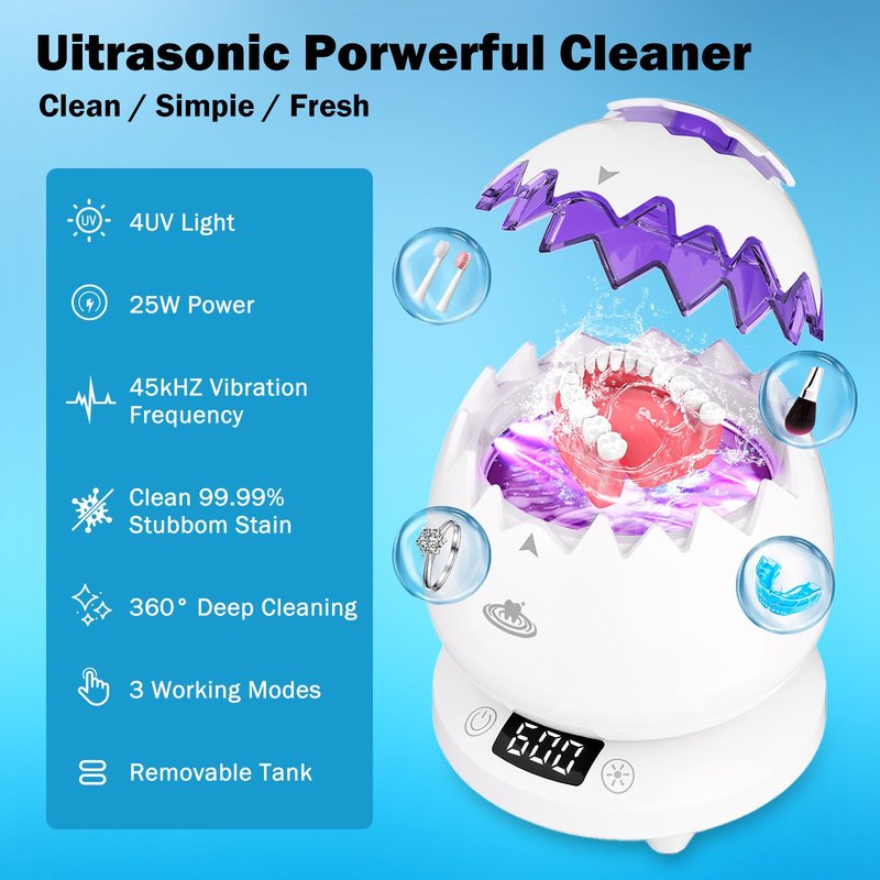 Ultrasonic Retainer Cleaner Machine for Denture, 45kHz Dental Cleaning Pod with Digital Timer, 3 Modes Waterproof Ultrasonic Denture Cleaner for Mouth Guard, Aligner, Jewelry, Braces,Rings,Necklaces