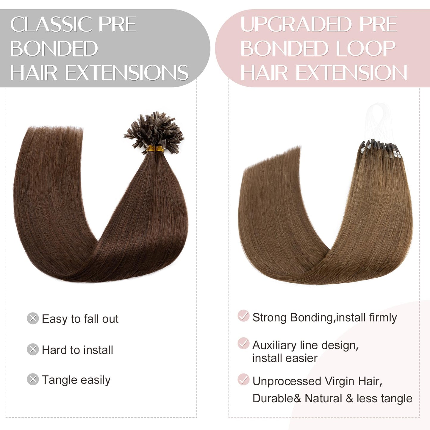 SEGO U Tip Hair Extensions Human Hair, Keratin Bonded & Loop Hair Extensions, K Tip Hot Fusion for Silky Straight Highlights, 1g per Strand, 50 Strands/50g, 16" Medium Brown