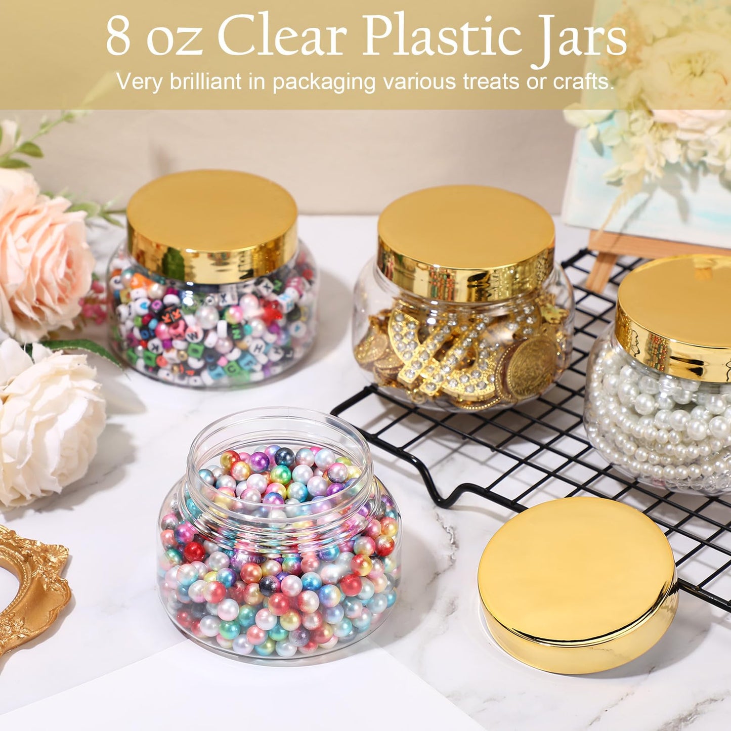 Mumufy 24pcs Plastic Jars with Lids Round Empty Containers Travel Containers for Creams Refillable Cosmetic Jars for Lotions Body Scrub Body Butter (8 oz,Gold,Clear)