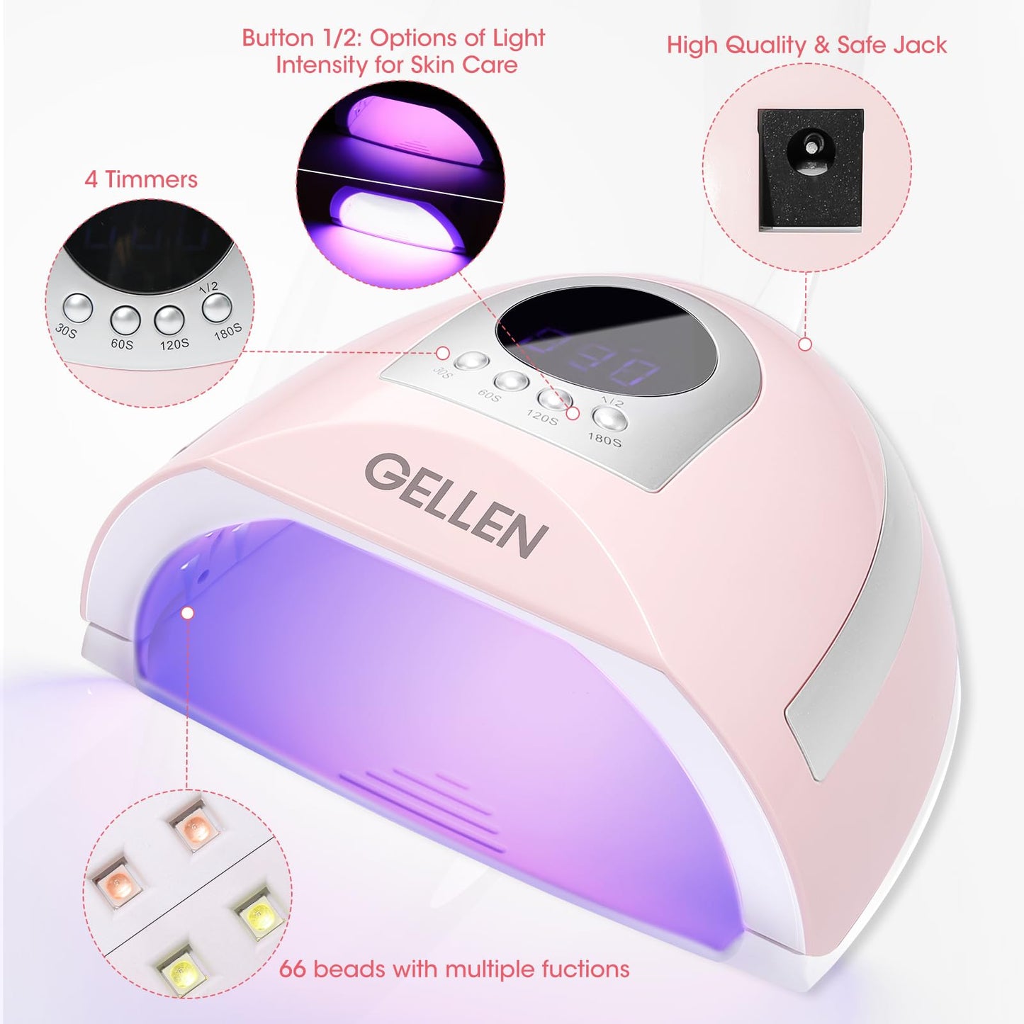Gellen UV Light for Nails, 268W UV LED Nail Lamp for Finger Toe, Professional Fast Curing Nail Dryer for Gel Nail Polish, 4 Timers and 66 LED Beads