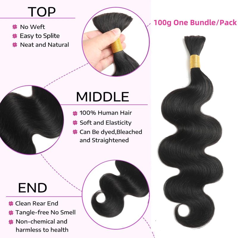 Human Braiding Hair 1 Bundle 100g Body Wave Bulk Human Hair for Braiding No Weft 12A Brazilian Virgin Curly Human Hair Extensions for Boho Braids 100% Remy Human Hair Extensions (20 Inch)