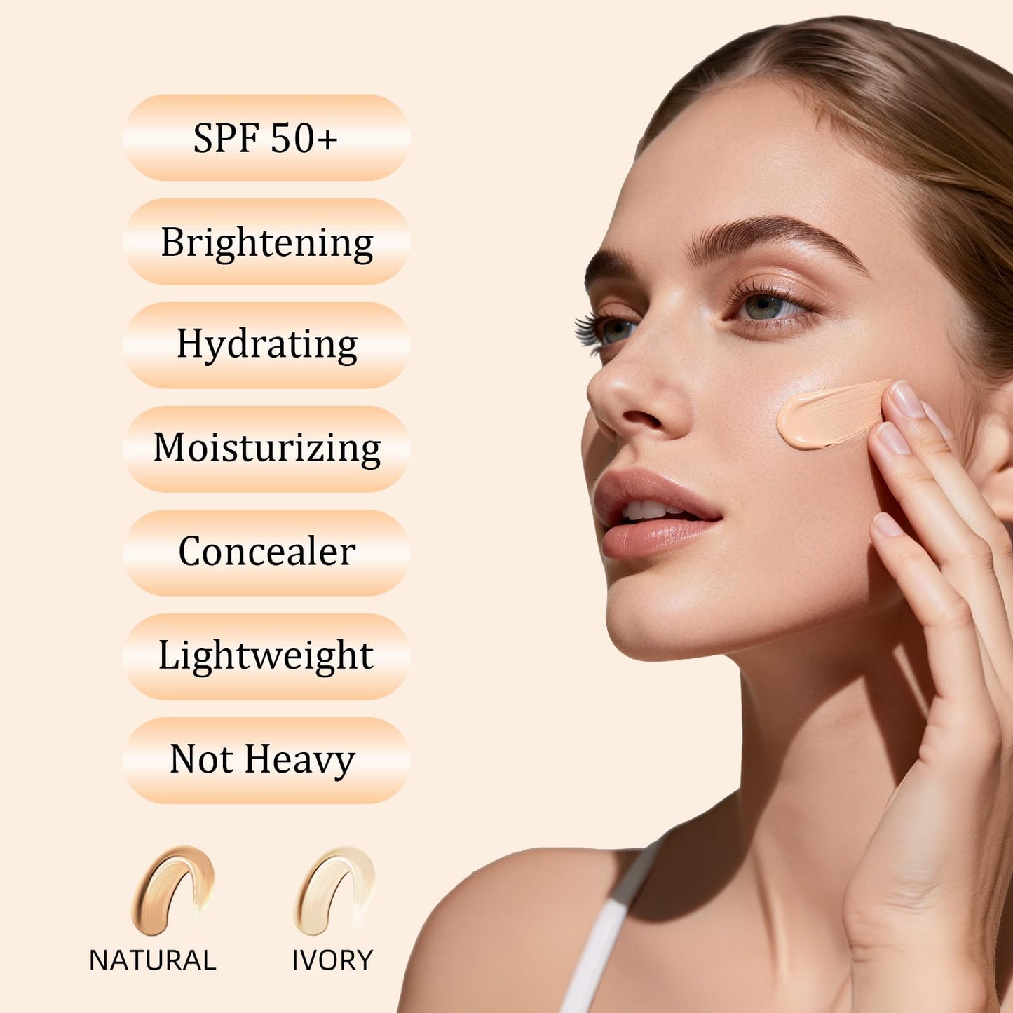 O'CHEAL CC Cream with SPF 50+, Hydrating Color Correcting Cream Full Coverage Lightweight Powder Foundation, Waterproof Long Lasting Pre-makeup Primer Facial Concealer Refine Skin Texture (Natural)
