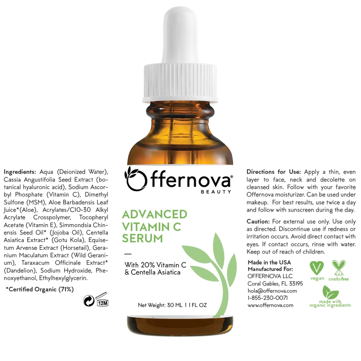 Offernova Organic Vitamin C Serum - 20% Vit C and Hyaluronic Acid Anti Aging Serum for Face, Eyes and Neck. Enhanced Absorption Dark Spot Corrector for Youthful Looking Skin, 1 oz