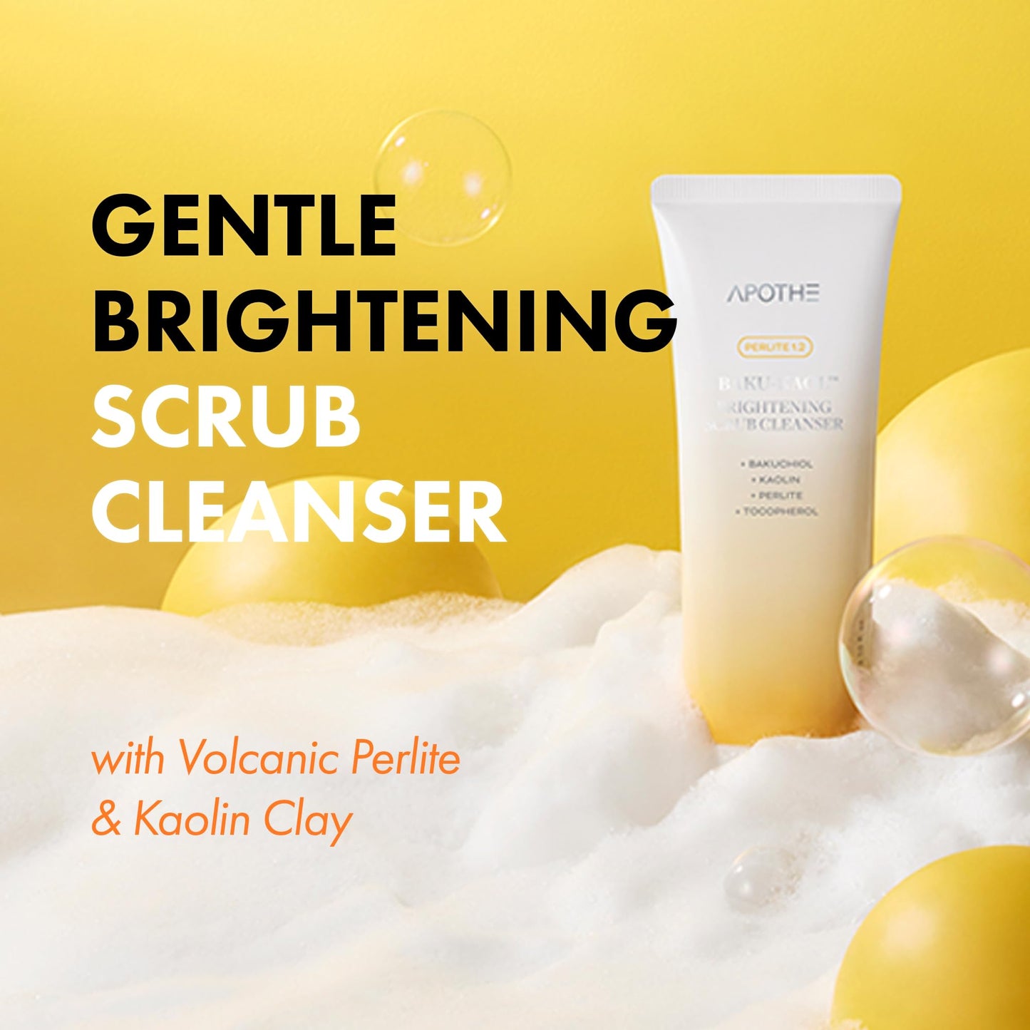 APOTHE Baku-Kaol Brightening Scrub Cleanser with Perlite, Kaolin & Bakuchiol – Gentle Exfoliating Face Wash for Radiant Skin, 3.38 fl oz (100 mL)