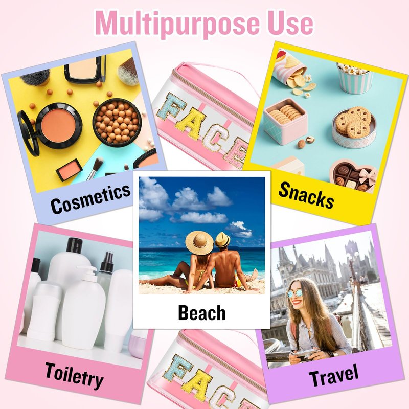 2 Pcs Chenille Letter Clear Makeup Bags FaceHair Pouch, Preppy Patch Travel Face Bag Zipper with Handle, Travel Hair Bags for Hair Stuff Waterproof Cosmetic Toiletry Storage for Women Girl(HAIR+FACE)