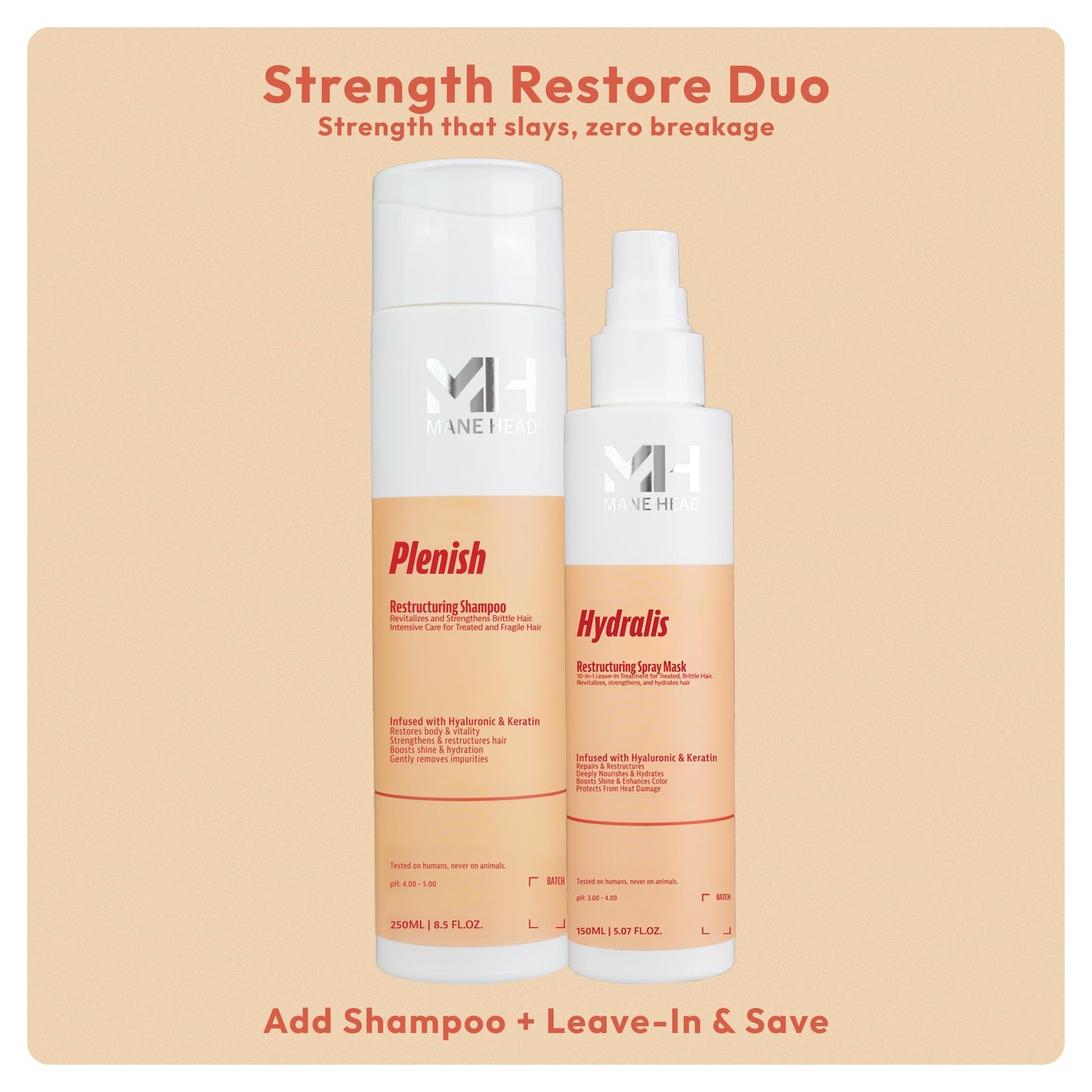MANE HEAD Plenish Keratin Shampoo for Damaged Hair 8.5 fl oz - Restructuring Formula with Hyaluronic Acid - Restore Brittle & Fragile Treated Hair - Professional Italian Haircare