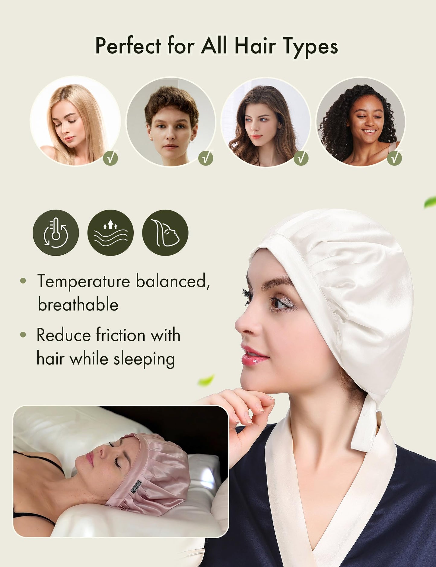 LILYSILK 100% Mulberry Silk Bonnet, 19 Momme Silk Night Sleep Cap Adjustable Hair Wrap for Sleeping, Ivory