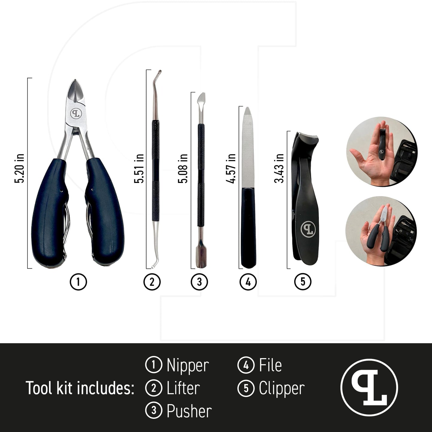 Nail Clipper Set for Thick Toenails - 5-Piece Professional Kit with Angled Head for Seniors, Ingrown Toenail Tools, German Steel, Leather Case - PIUS LANG