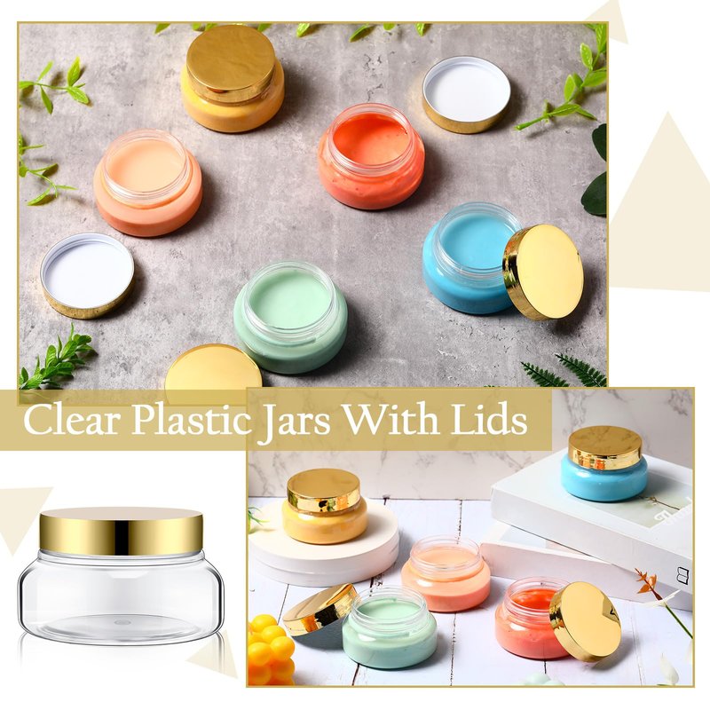 Mumufy Round Plastic Containers Plastic Jars with Lids Empty Travel Containers for Creams Refillable Cosmetic Jars for Lotions Body Scrub Body Butter(5 oz,Gold,Clear,48pcs)